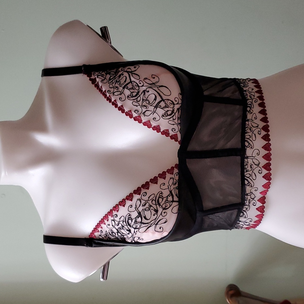 Victoria Secret Bra Longline Vegan Leather & Lace Love Embroidered Underwire - Picture 9 of 12